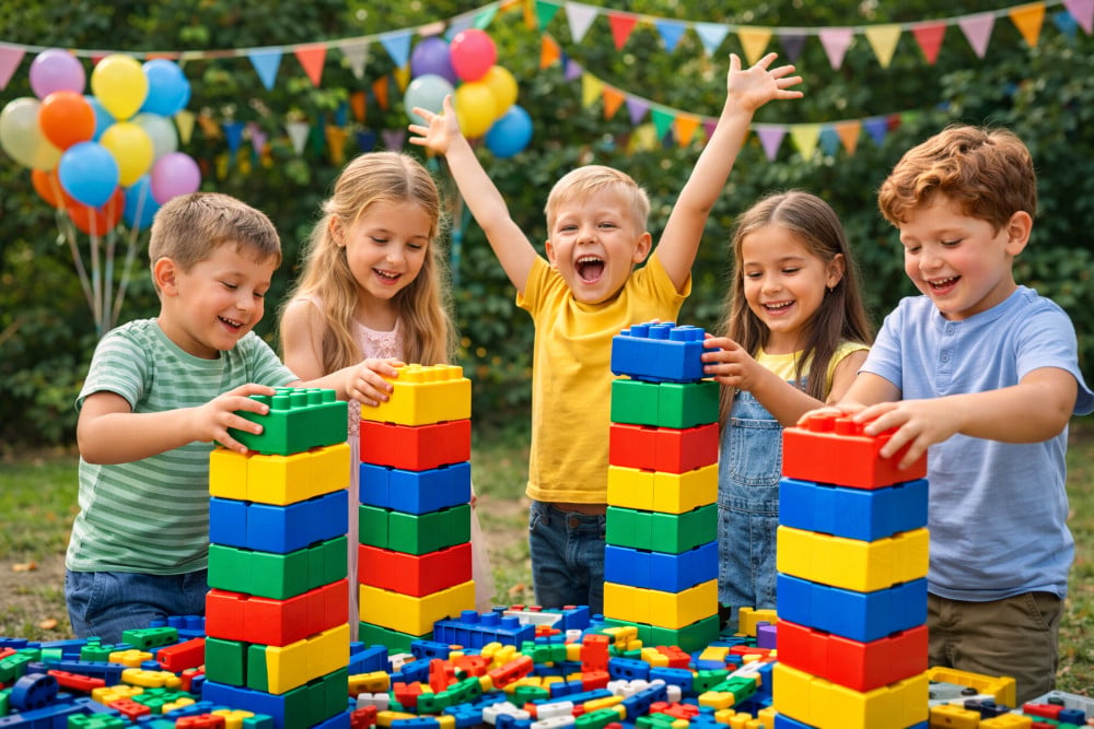 Kinderen spelen met XXL Softbricks op een kinderfeestje